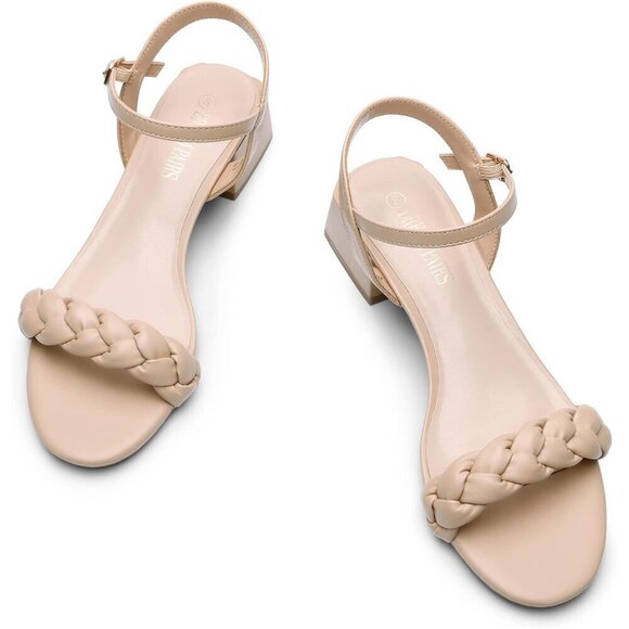 Women's Tan Braided Open Toe Ankle  Strap Block Chunky Heel Sandals - Picture 3 of 6